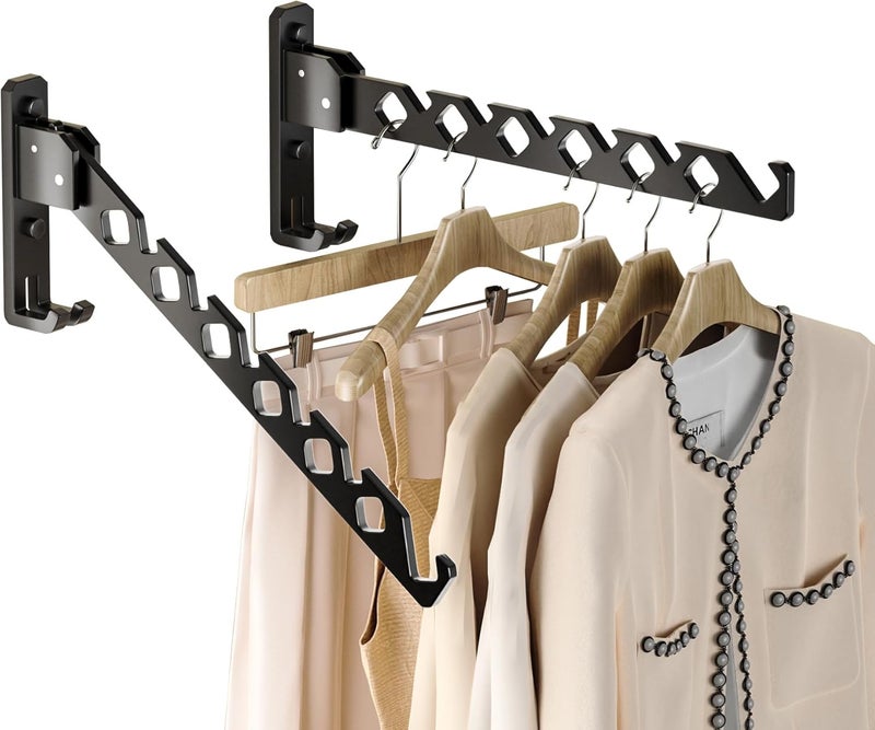 Dr.DJ Wall Mount Coat Hanger Holder Black Clothes Drying Organizer Rack Garment Hooks Aluminium Retractable Folding Indoor Wall Mounted Hanger Space Saver for Laundry Room Bedroom Black 2Pack - Image 1